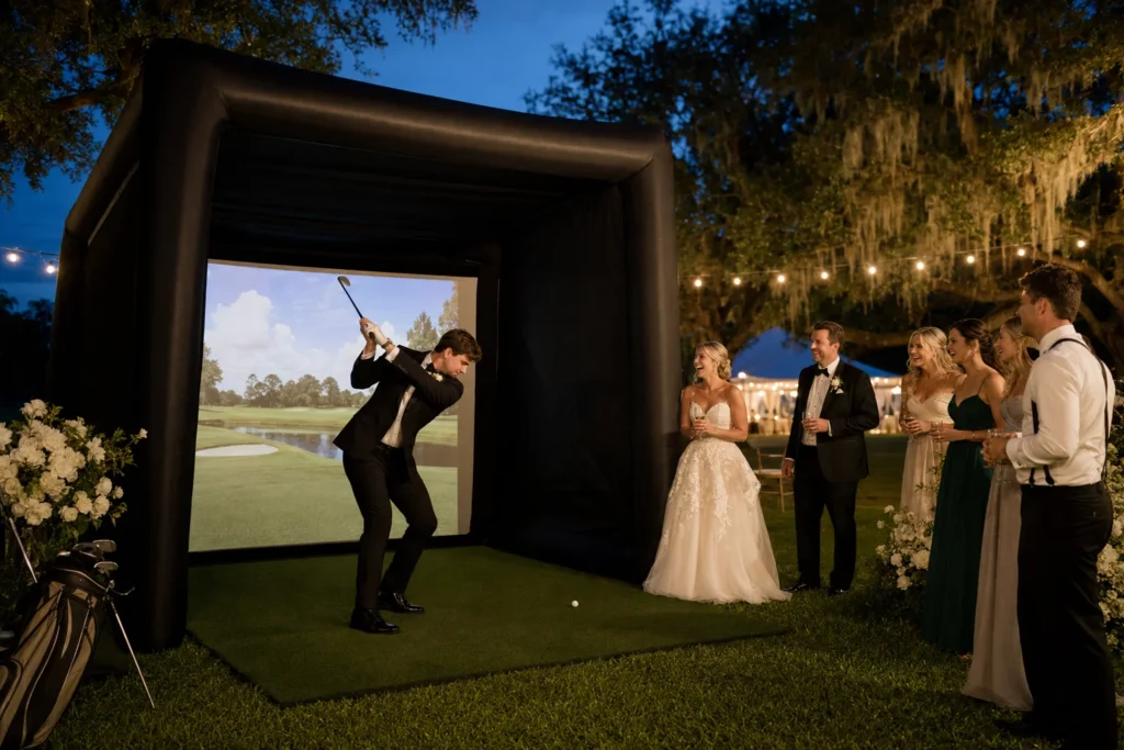 Groomsman taking a swing on a mobile golf simulator at an outdoor wedding reception while the bride and wedding party watch