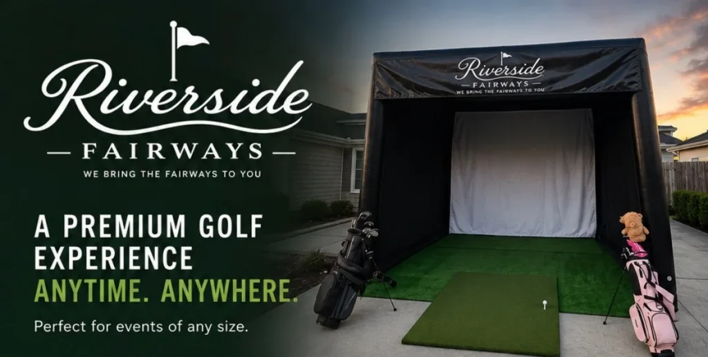 Riverside Fairways branded mobile golf simulator enclosure set up outdoors with golf bags either side