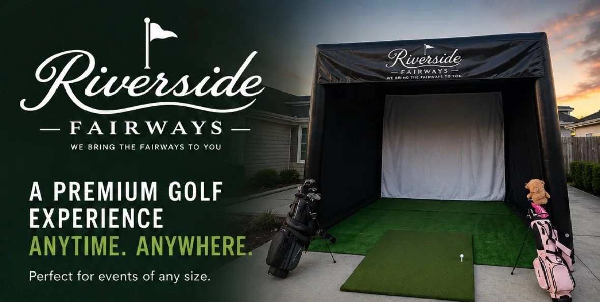 Riverside Fairways branded mobile golf simulator enclosure set up outdoors with golf bags either side