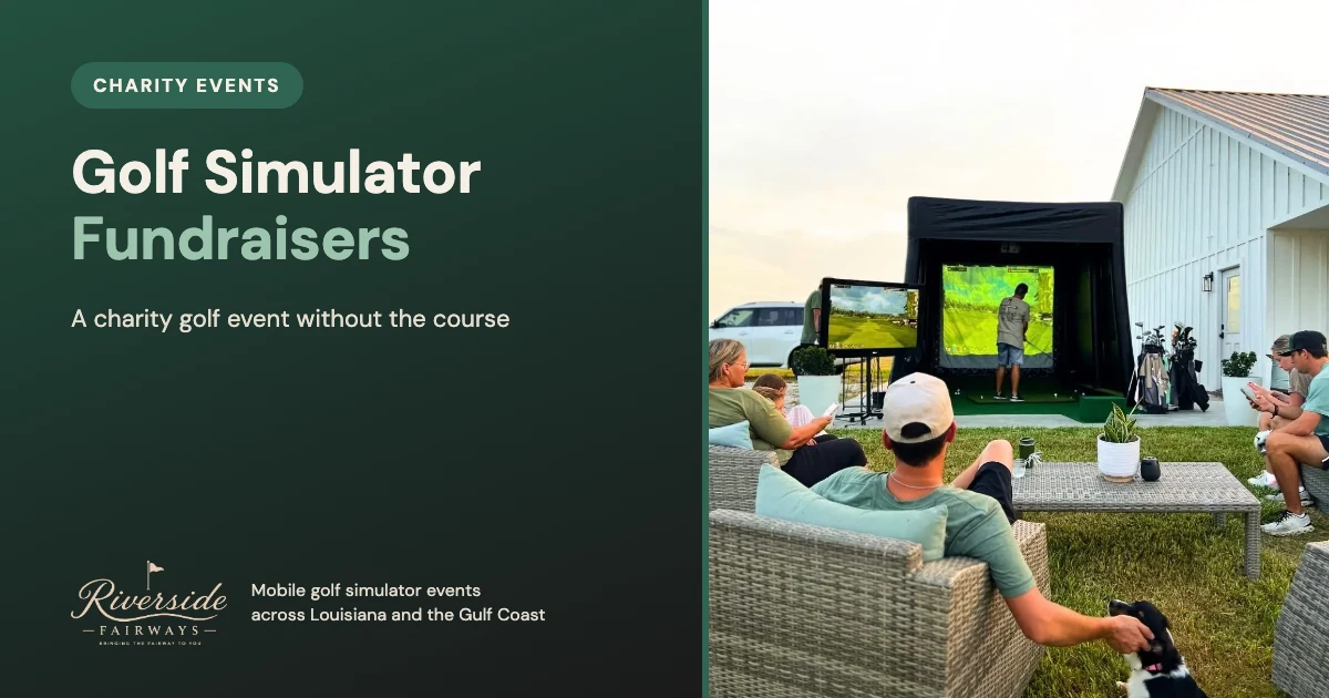 Guests seated in a backyard at dusk watching a golfer swing at the Riverside Fairways mobile golf simulator