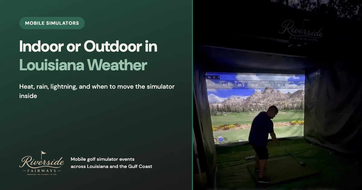 Golfer swinging inside the Riverside Fairways mobile golf simulator enclosure set up outdoors at night