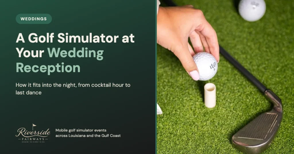 Hand placing a golf ball on a tee beside a wedge on the turf of a mobile golf simulator