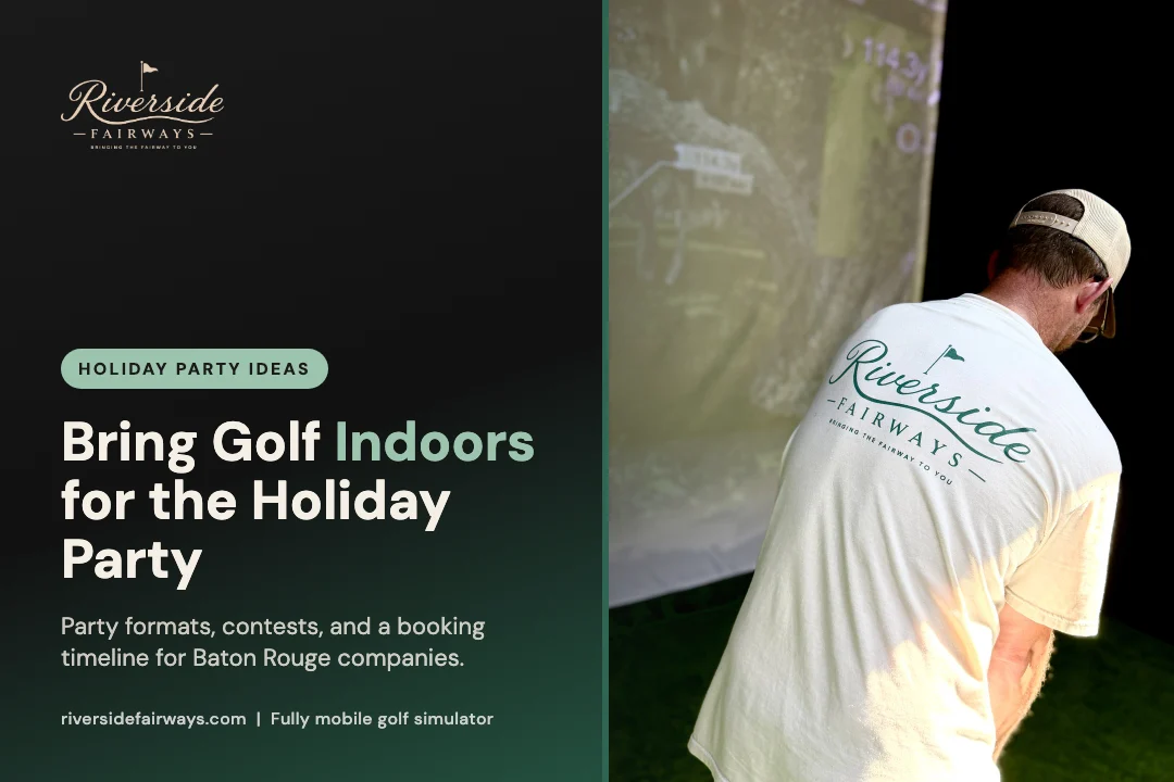 Golfer in a Riverside Fairways shirt at the mobile golf simulator screen