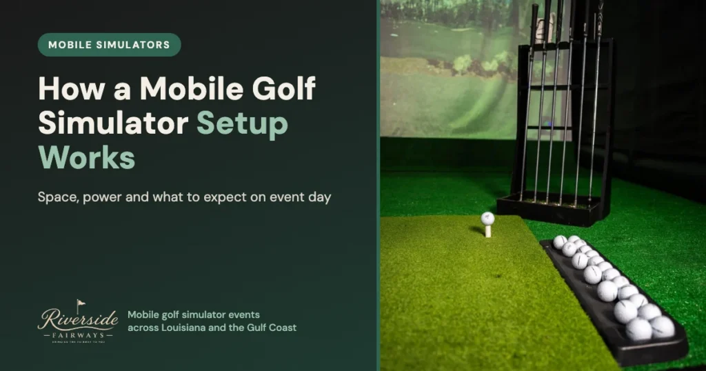 Riverside Fairways mobile golf simulator set up indoors with club rack and ball tray