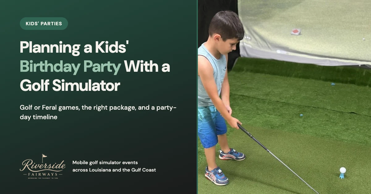 Young child lining up a tee shot on the turf of a Riverside Fairways mobile golf simulator at a party