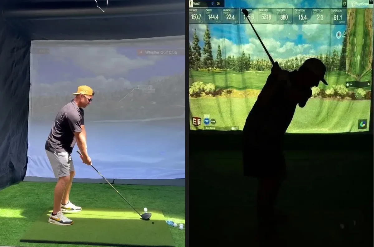A golfer addressing the ball in the Riverside Fairways simulator beside a second player mid-swing with shot data across the top of the screen